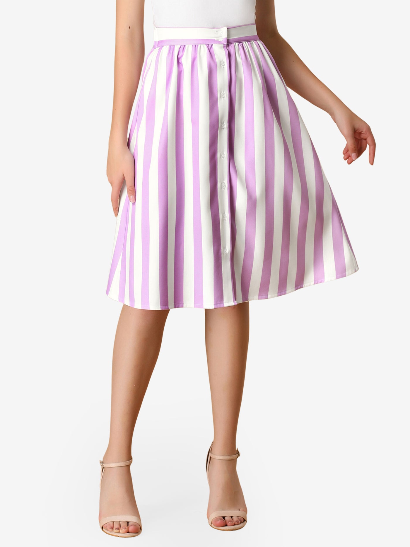 Allegra K Striped Button Front Elastic Back Waist A-Line Midi Skirt