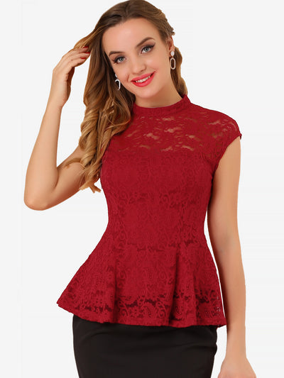 Crochet Peplum Floral Mock Neck Cap Sleeve Lace Blouse