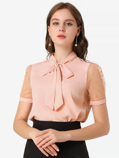 Bow Tie V Neck Stand Collar Short Mesh Sleeve Blouse