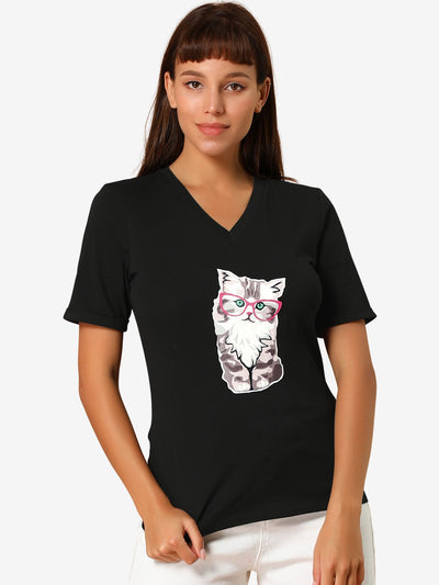 V Neck Cartoon Cat Print Cotton Short Sleeve T Shirts