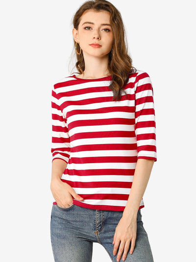 Striped Elbow Sleeve Round Neck Casual T-Shirt