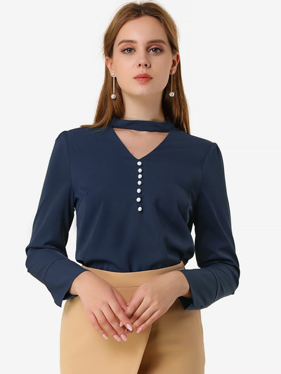 Choker Neck Cutout Button Decor Long Sleeve Chiffon Work Blouse