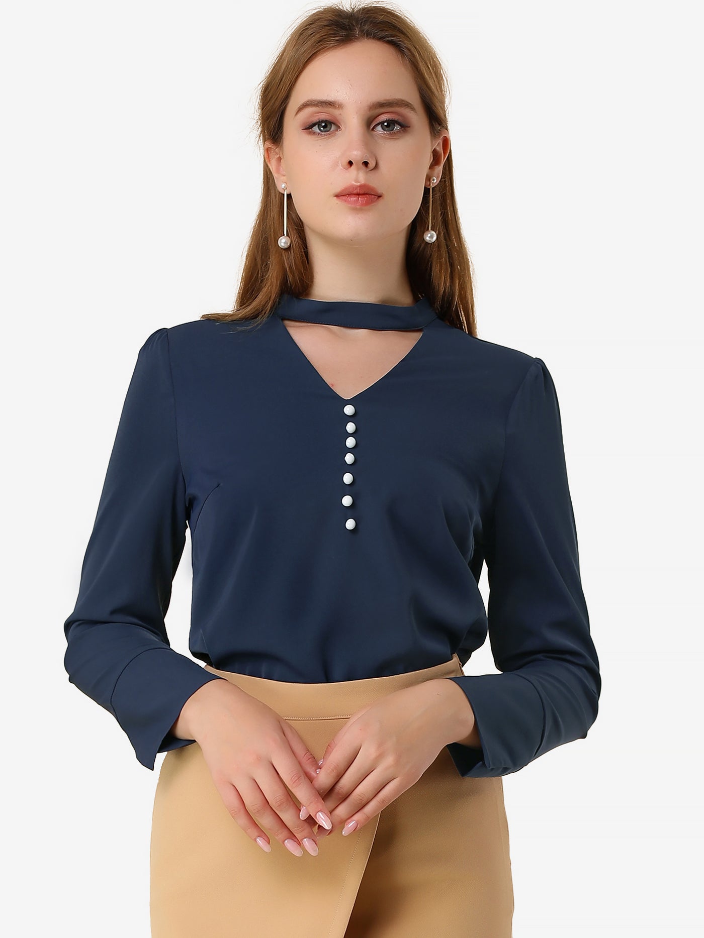 Allegra K Choker Neck Cutout Button Decor Long Sleeve Chiffon Work Blouse