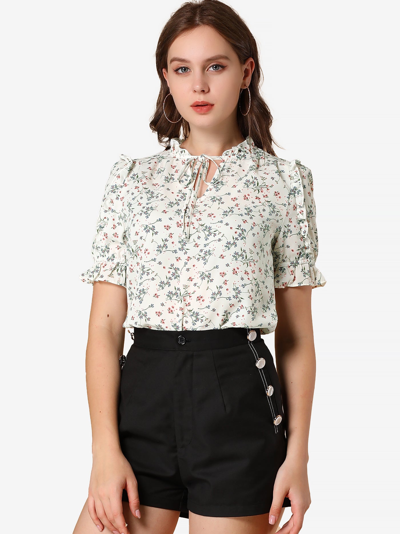 Allegra K Ruffle Tie Neck Puff Short Sleeve Casual Floral Blouse Top
