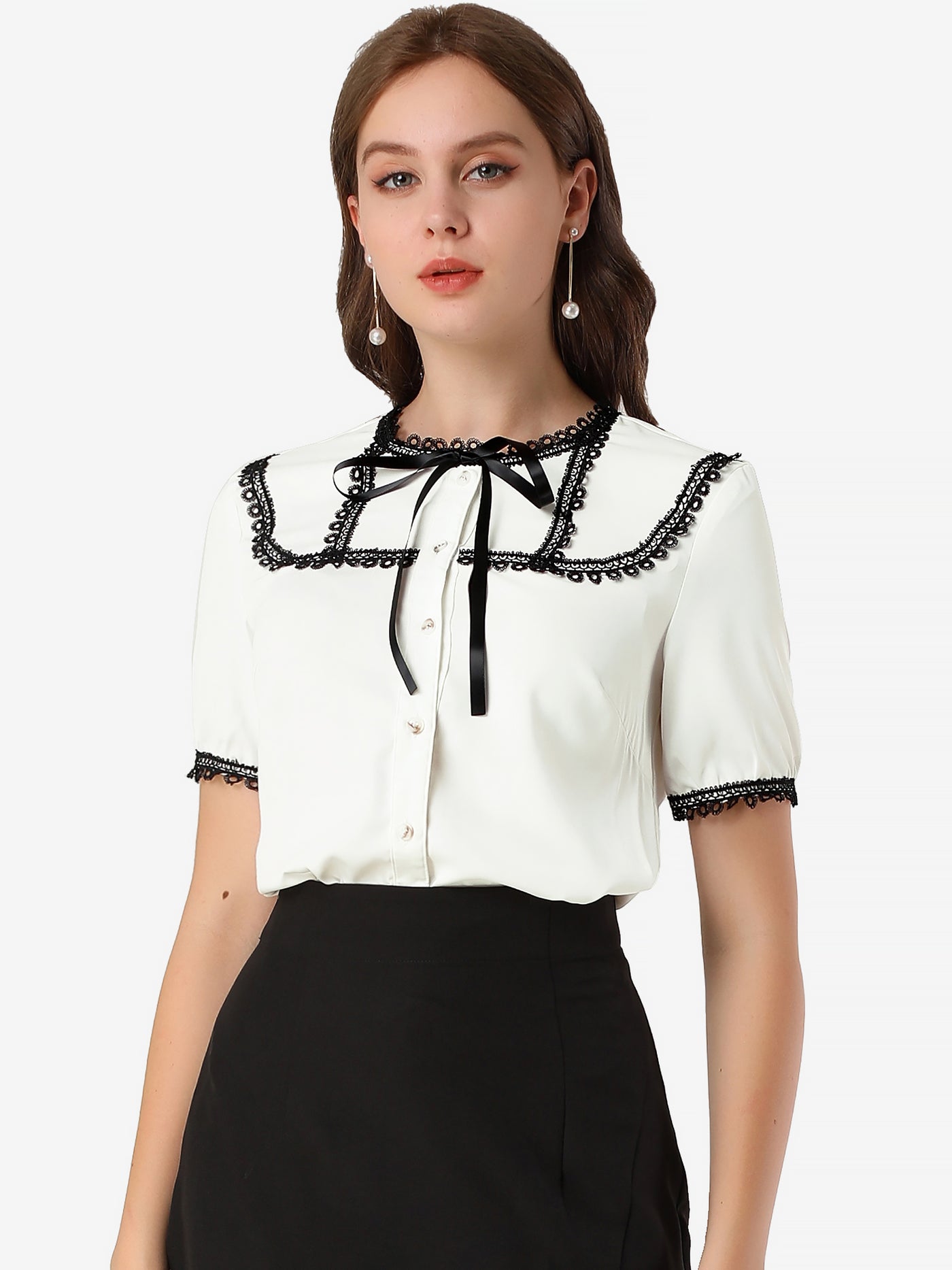 Allegra K Short Sleeve Blouse Lace Panel Bow Tie Collar Button Down Shirt