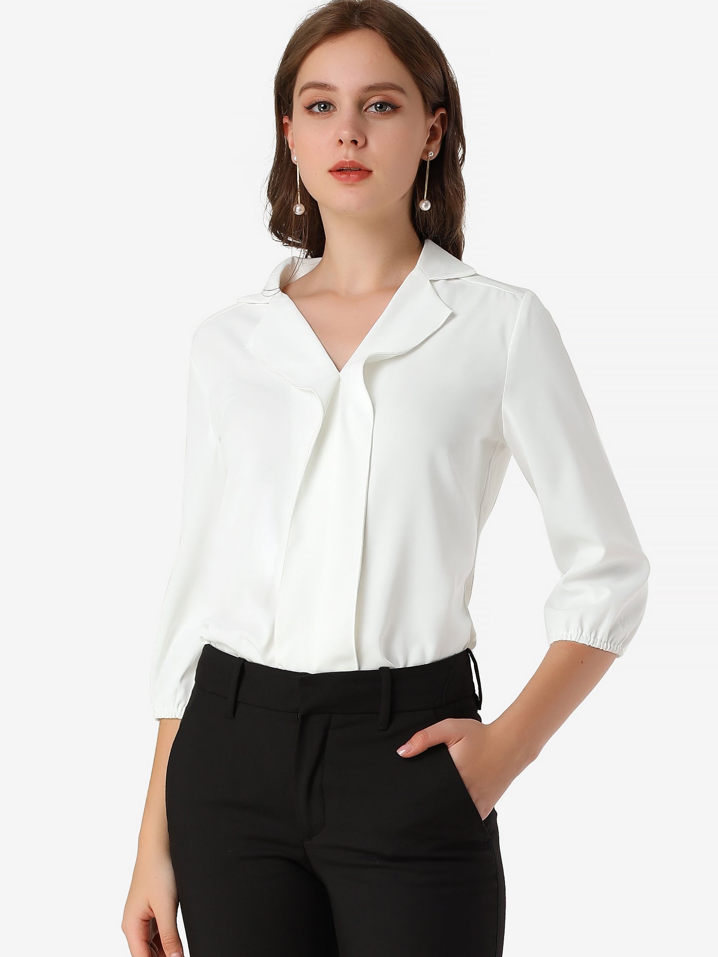 Allegra K V Neck 3/4 Sleeve Collared Work Office Top Blouse