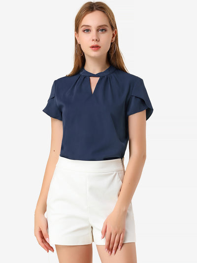 Work Keyhole Elegant Stand Collar Petal Sleeve Chiffon Blouse