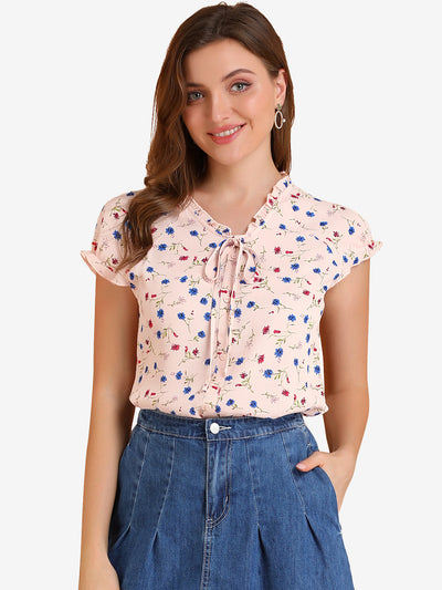 Ditsy Floral Print Chiffon Short Sleeve Ruffle Blouse