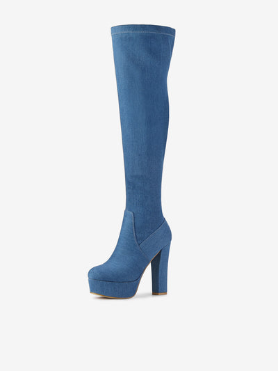 Faux Suede Platform Block Heel Over Knee High Boots