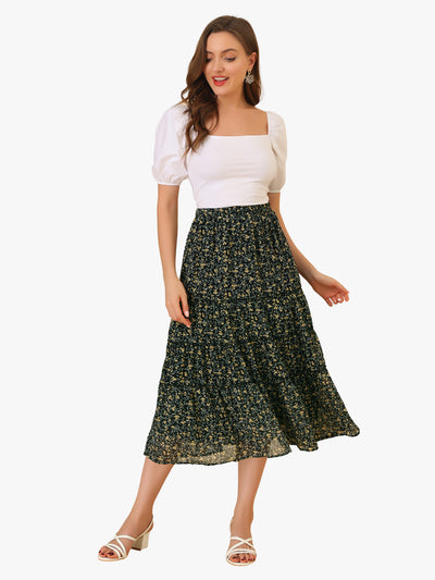 Chiffon Floral Printed Long Tiered Ruffle Boho Midi Skirt