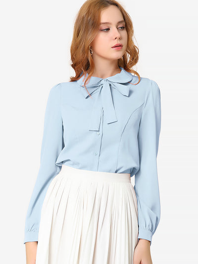 Peter Pan Collar Chiffon Bow Tie Neck Puff Sleeve Button Blouse