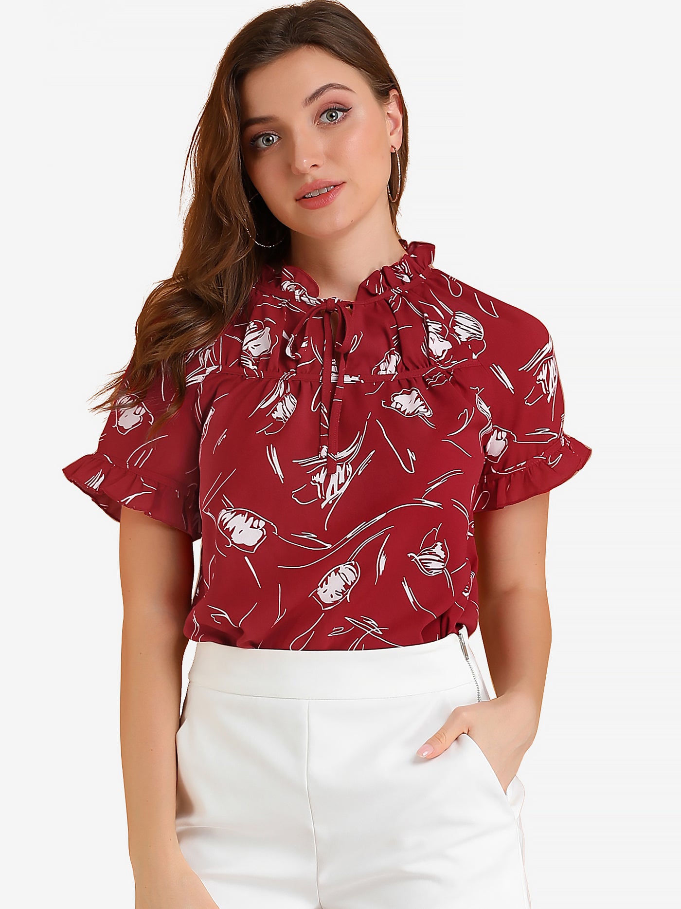 Allegra K Floral Tie Neck Ruffle Short Sleeve Peasant Blouse Top