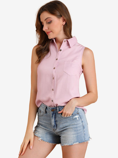 Allegra K Denim Collar Button Down Casual Office Sleeveless Shirt