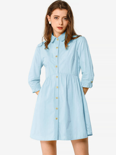 Ruched 3/4 Sleeve Button Up Casual Mini Shirt Dress