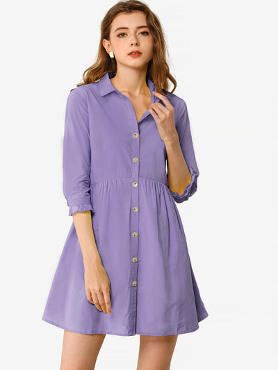 Ruched 3/4 Sleeve Button Up Casual Mini Shirt Dress