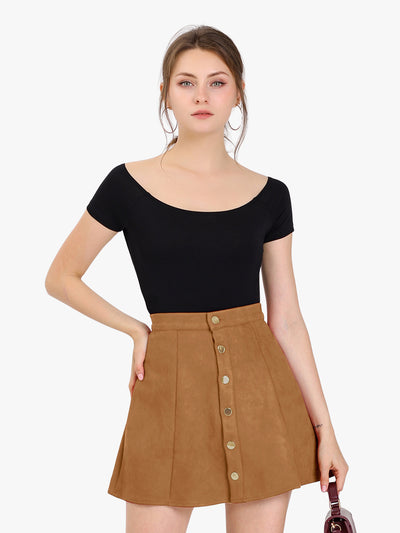 Allegra K Faux Suede Button Closure A-Line High Waisted Short Skirt