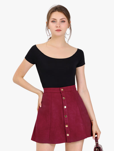 Faux Suede Button Closure A-Line High Waisted Short Skirt