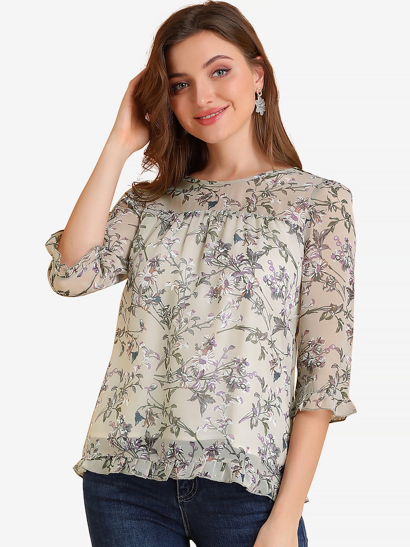 Allegra K Casual Ruffle 3/4 Sleeve Floral Print Chiffon Blouse