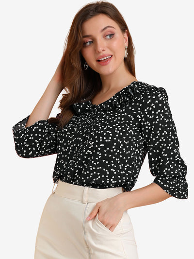 Button Down Shirt Ruffled Collar Elbow Sleeve Heart Print Blouse