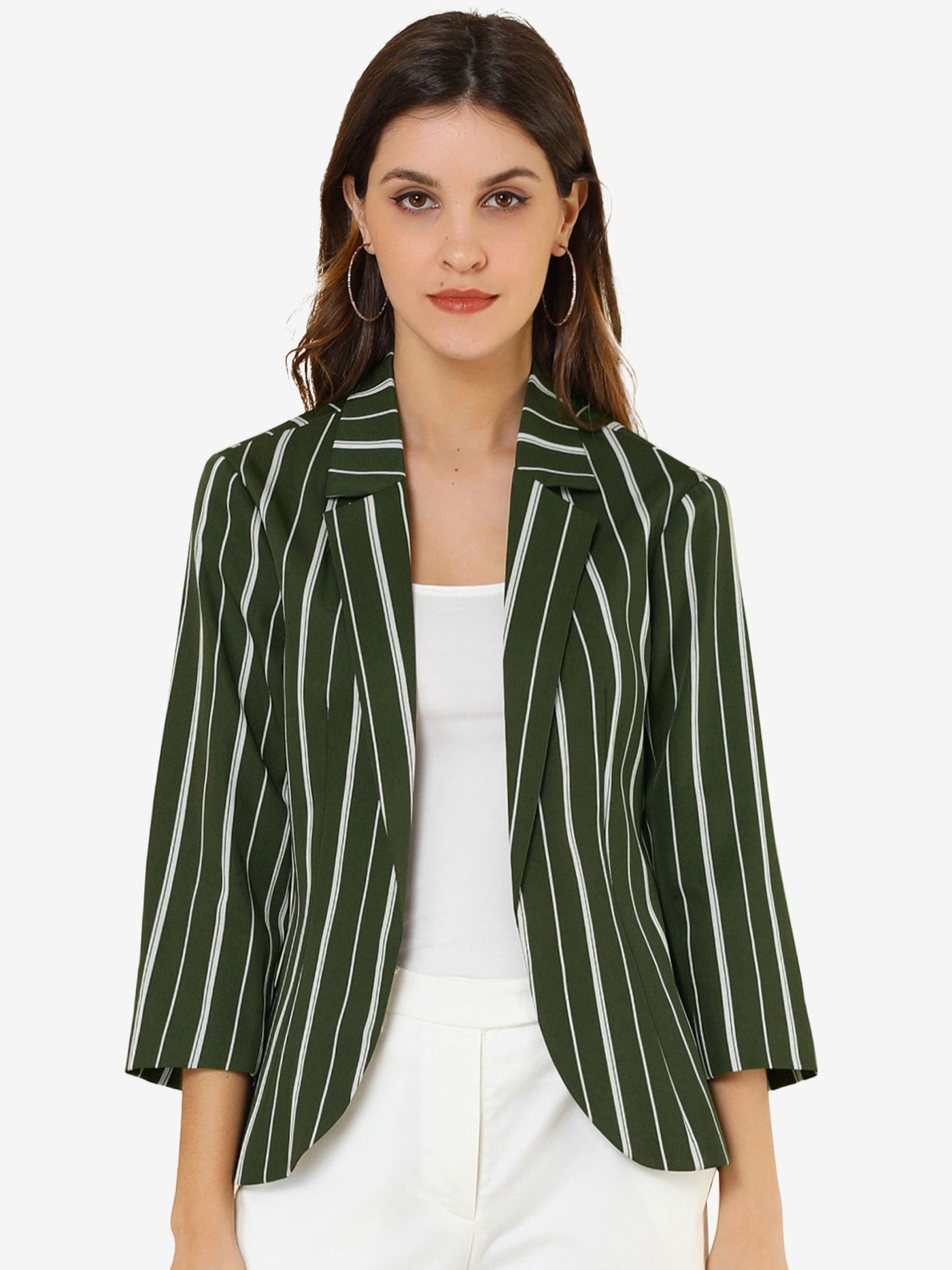 Allegra K Striped 3/4 Sleeve Open Front Notched Lapel Blazer