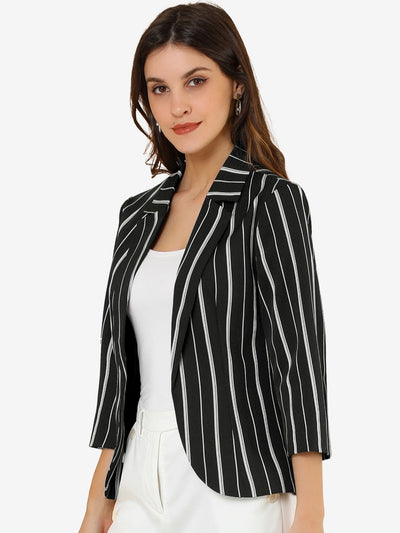 Striped 3/4 Sleeve Open Front Notched Lapel Blazer