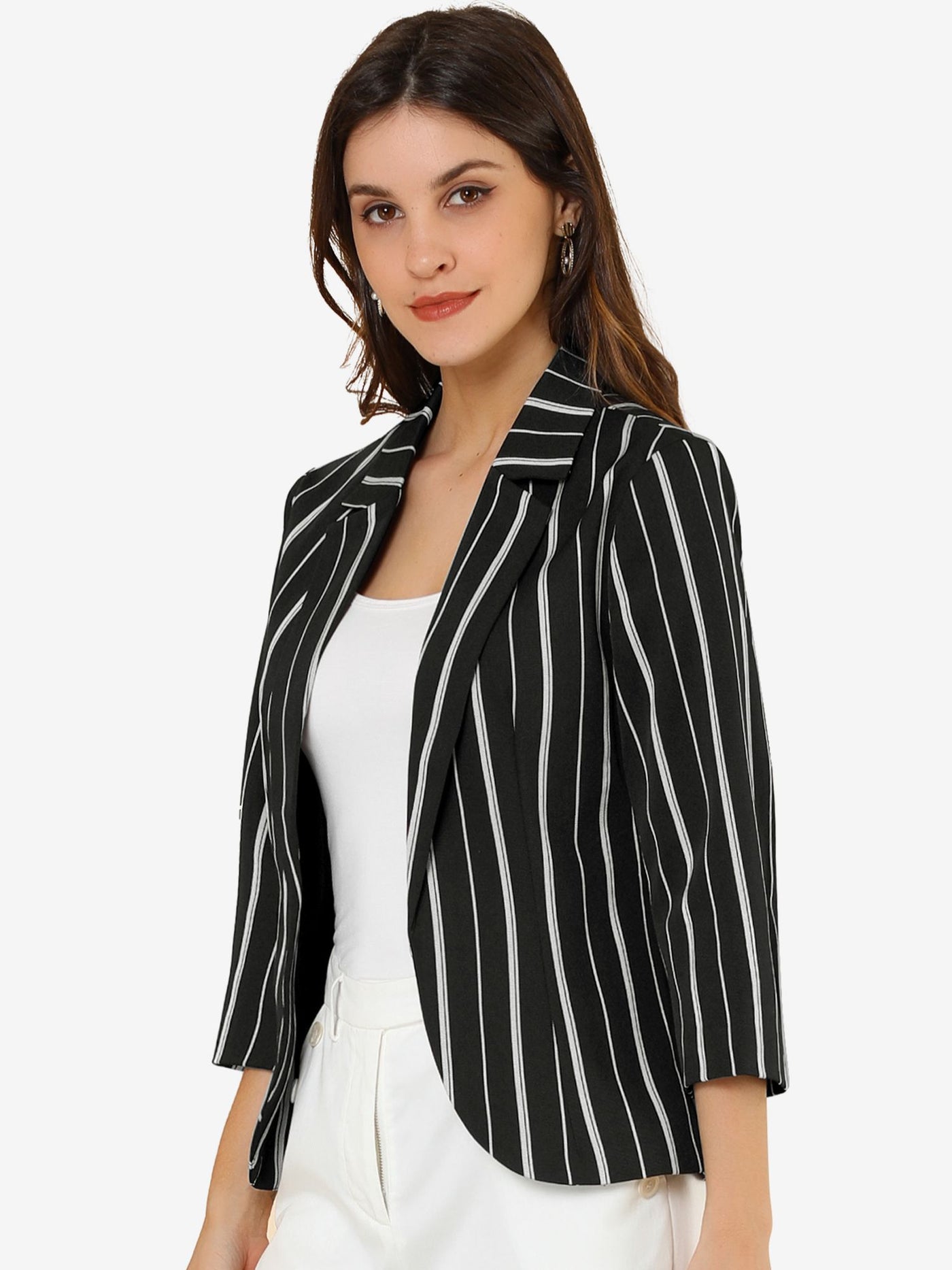 Allegra K Striped 3/4 Sleeve Open Front Notched Lapel Blazer