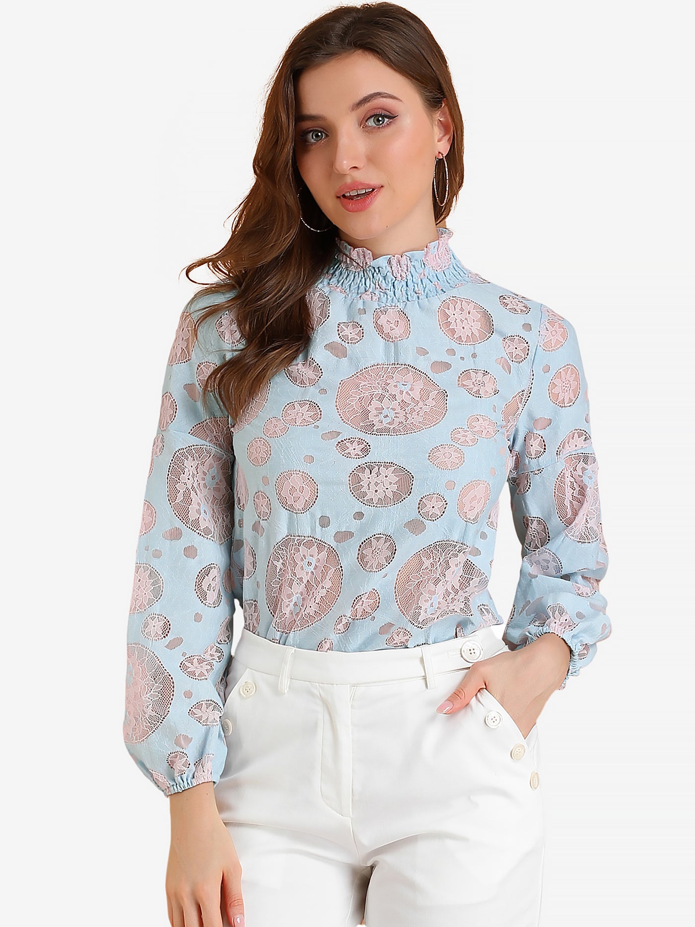 Allegra K Floral Lace Top Turtleneck Puff Long Sleeve See Through Sheer Blouse