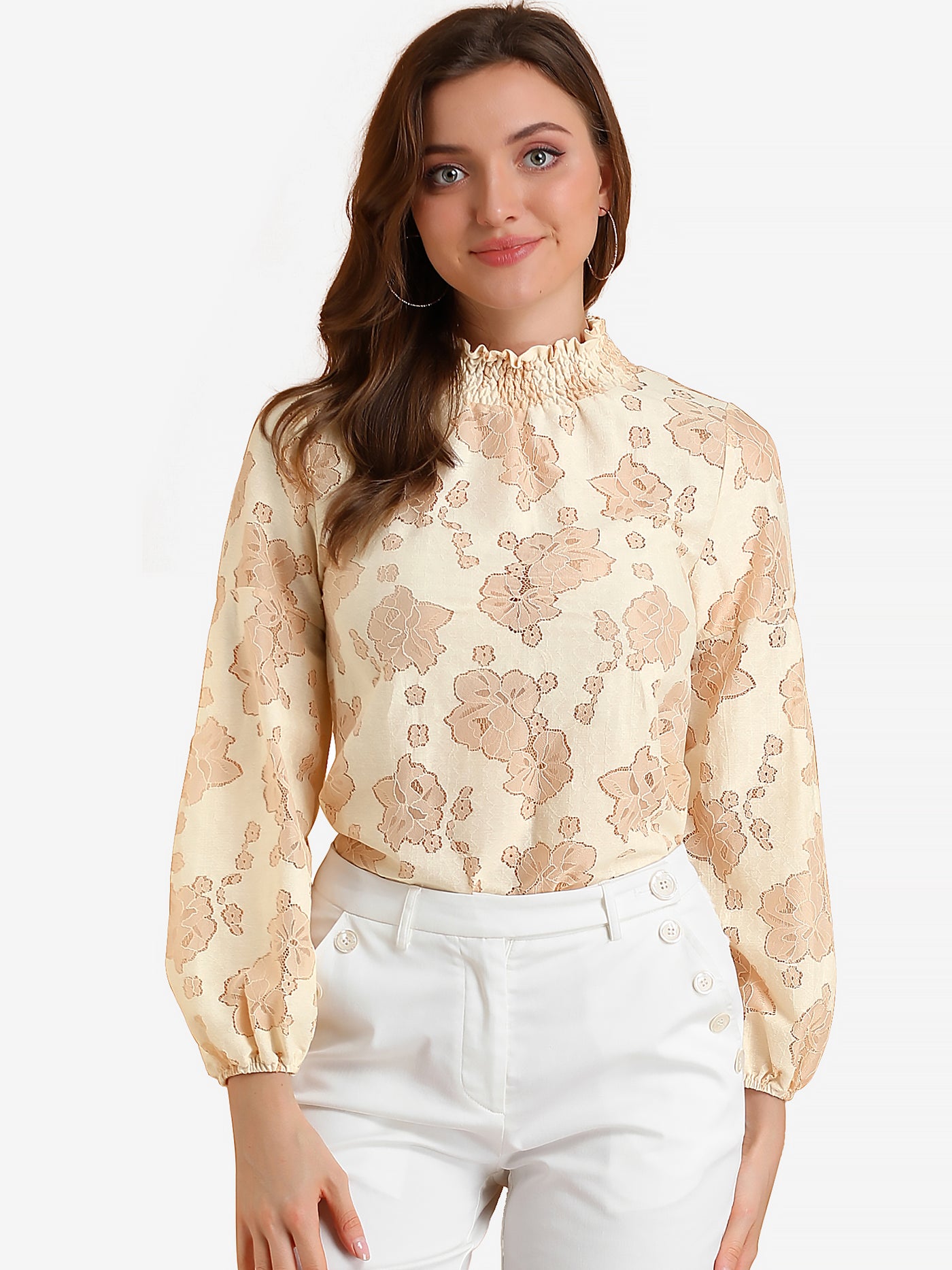 Allegra K Floral Lace Top Turtleneck Puff Long Sleeve See Through Sheer Blouse