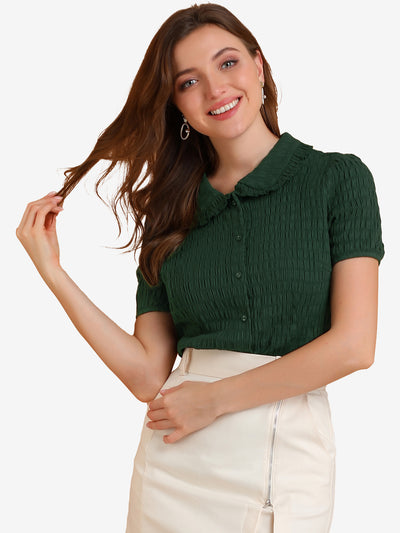 Peter Pan Collar Short Sleeves Textured Button Down Blouse