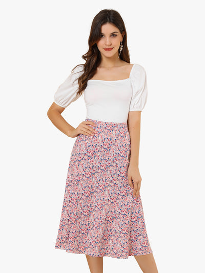 Floral Peasant Elastic Waist A-Line Ditsy Leave Midi Skirt