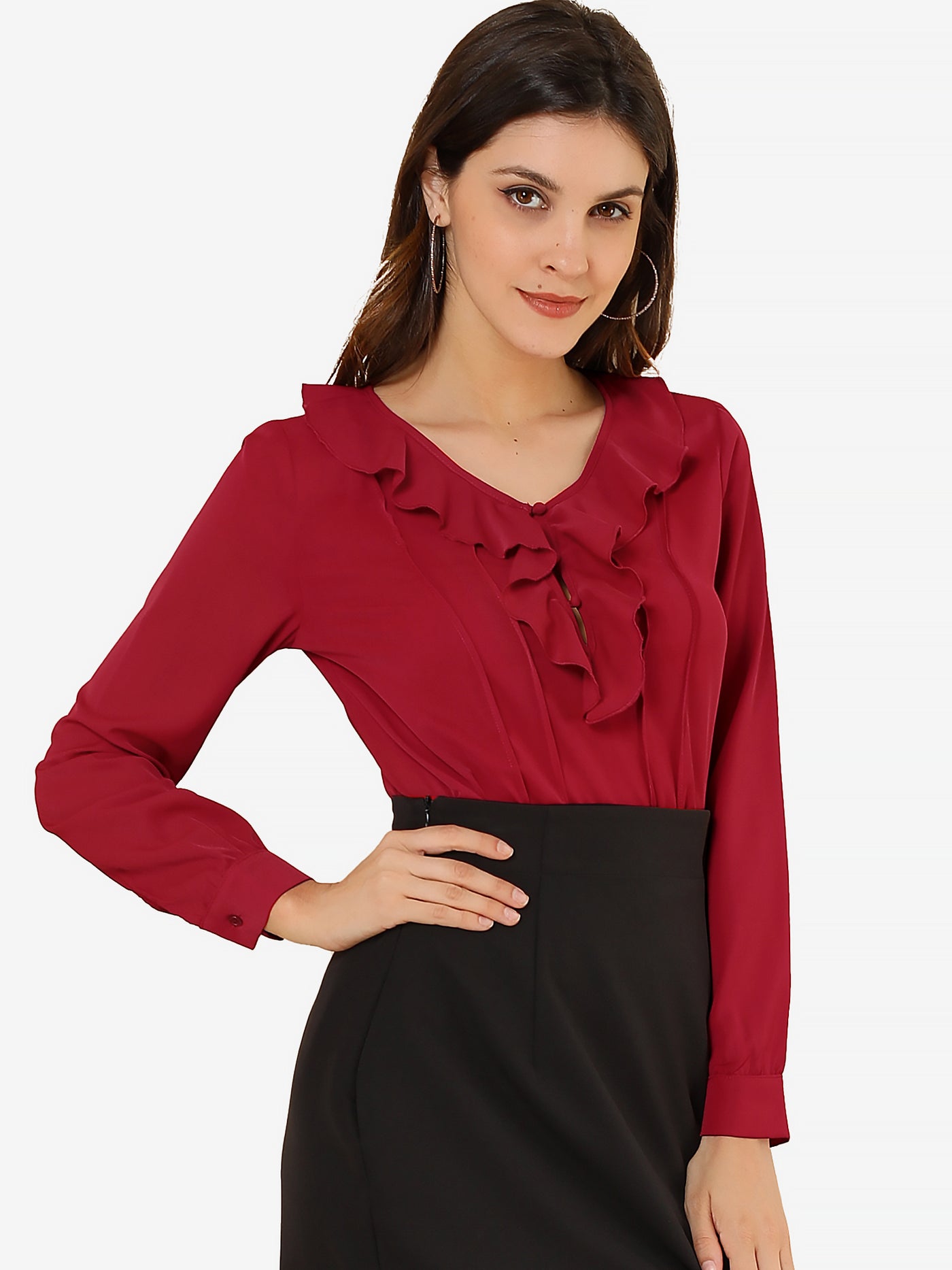 Allegra K Ruffle Neck Pleated Business Casual Henley Button Up Peasant Blouse