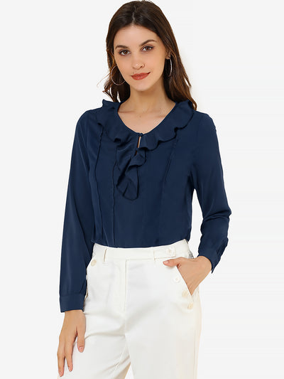 Ruffle Neck Pleated Business Casual Henley Button Up Peasant Blouse