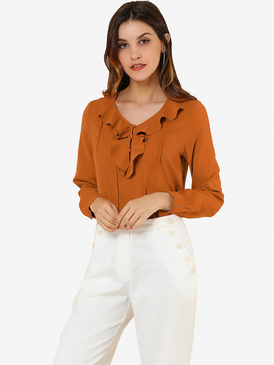 Ruffle Neck Pleated Business Casual Henley Button Up Peasant Blouse