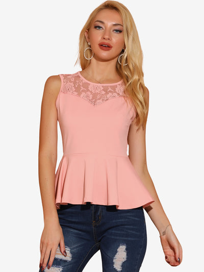 Lace Peplum Round Neck Sexy Sheer Back Sleeveless Blouse