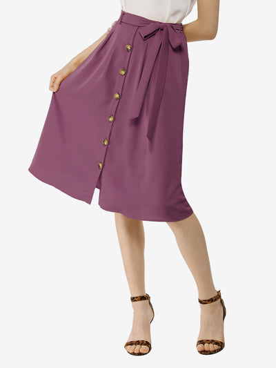 Button Front Casual High Waist Belted Midi Flare Skirt