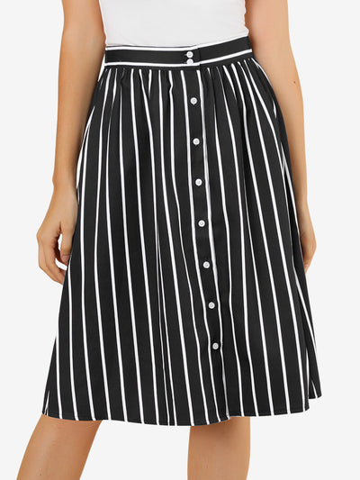 Striped Button Front Elastic Back Waist A-Line Midi Skirt