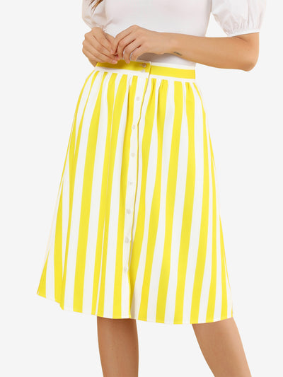 Striped Button Front Elastic Back Waist A-Line Midi Skirt