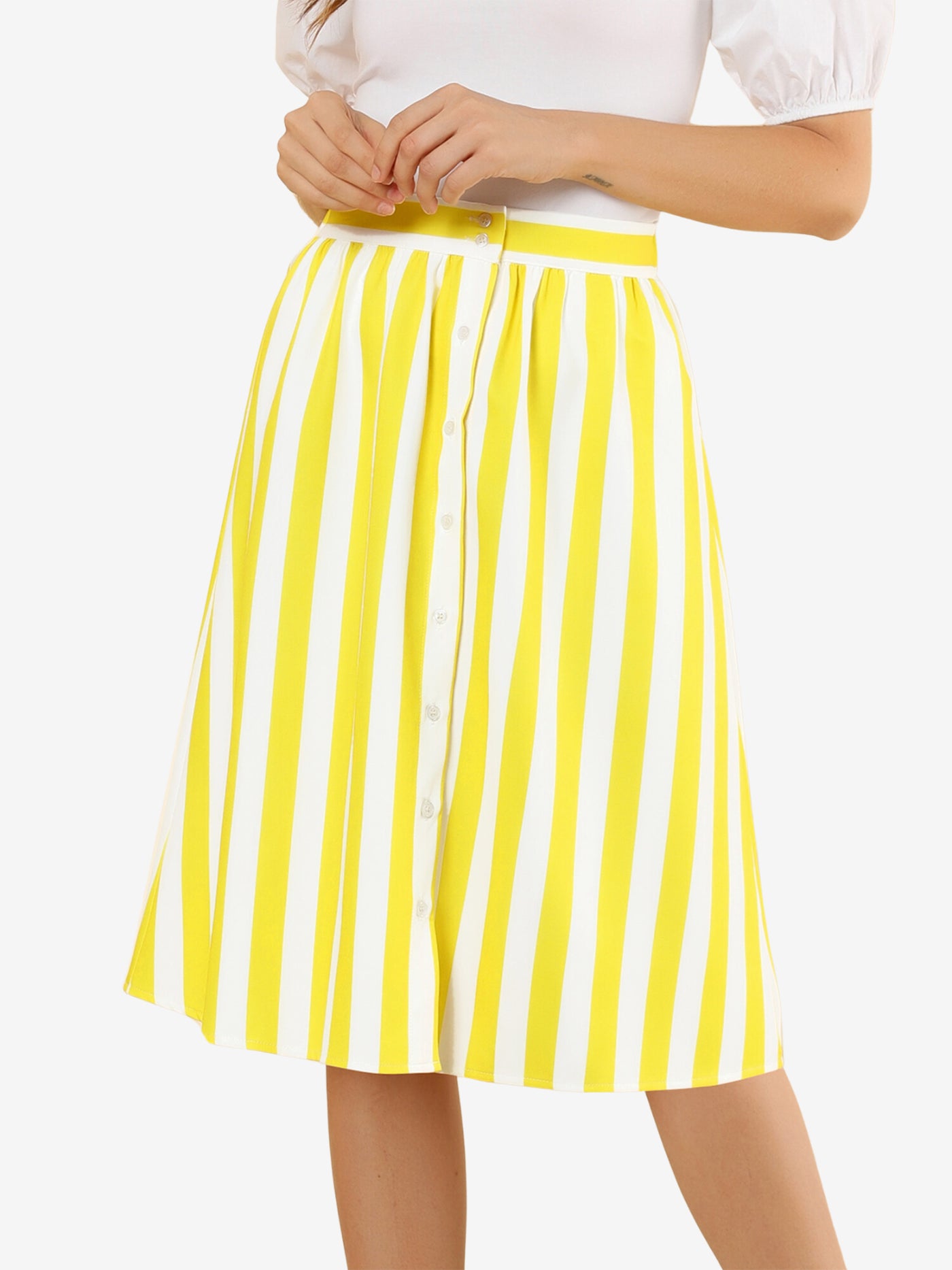 Allegra K Striped Button Front Elastic Back Waist A-Line Midi Skirt