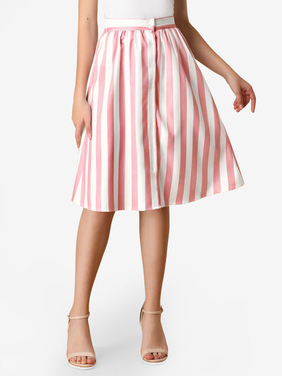 Striped Button Front Elastic Back Waist A-Line Midi Skirt