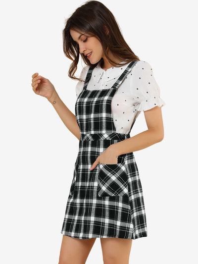 Plaid Tartan Button Decor A-Line Pinafore Overall Dress