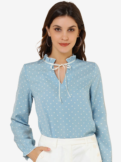 Bow Tie Neck Blouse Ruffled Collar Printed Long Sleeve Vintage Top