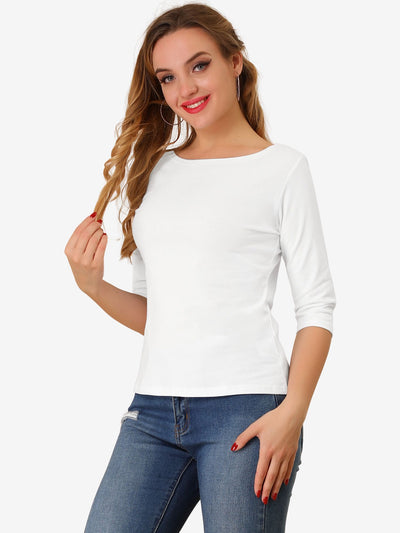 Casual Boat Neck Elbow Sleeve Solid Basic T-shirt