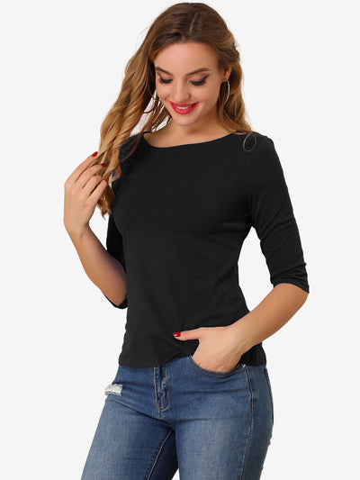 Casual Boat Neck Elbow Sleeve Solid Basic T-shirt