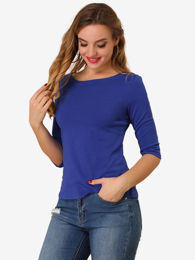 Casual Boat Neck Elbow Sleeve Solid Basic T-shirt