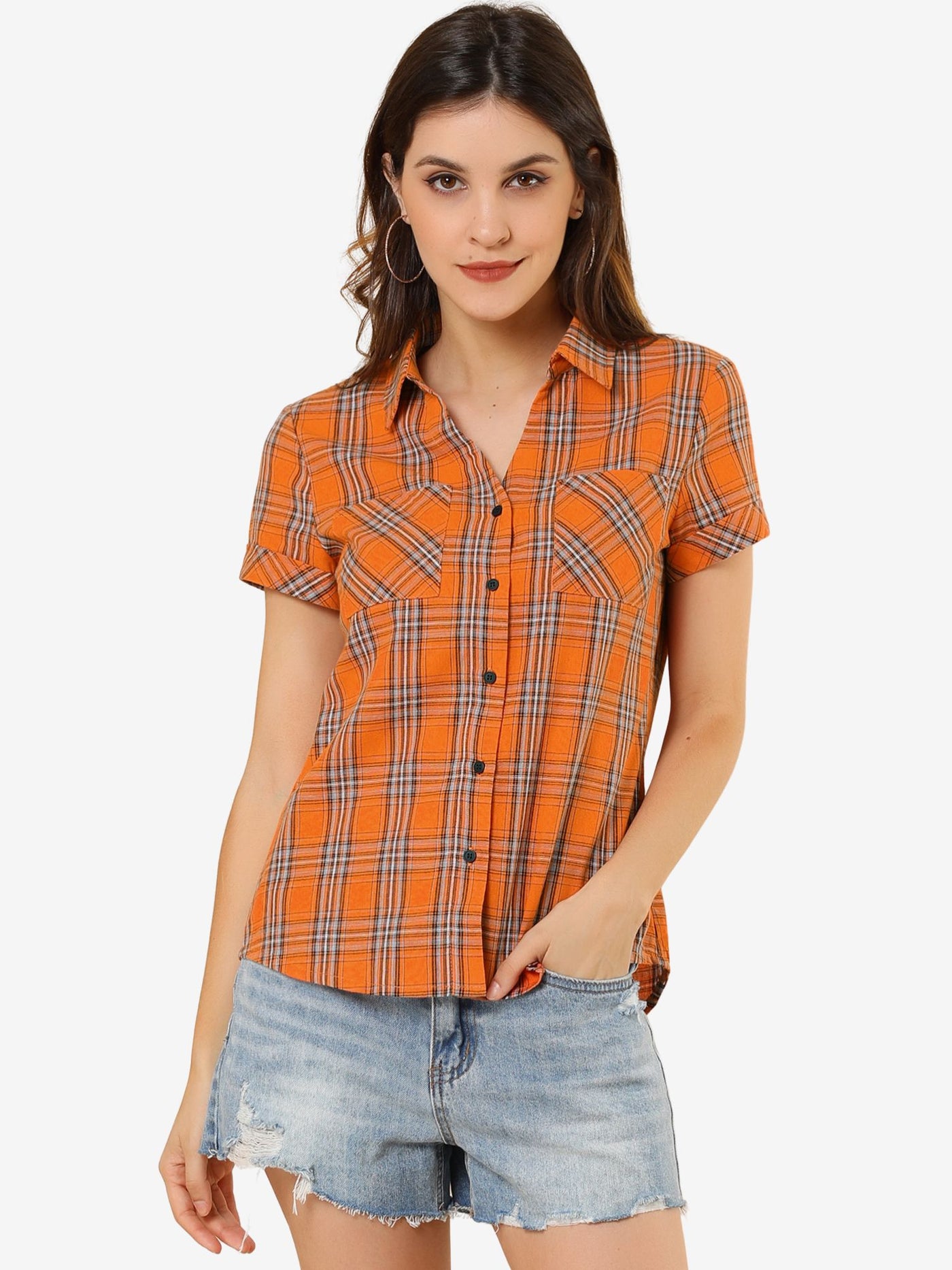 Allegra K Cotton Classic Button Down Plaid Short Sleeve Shirt