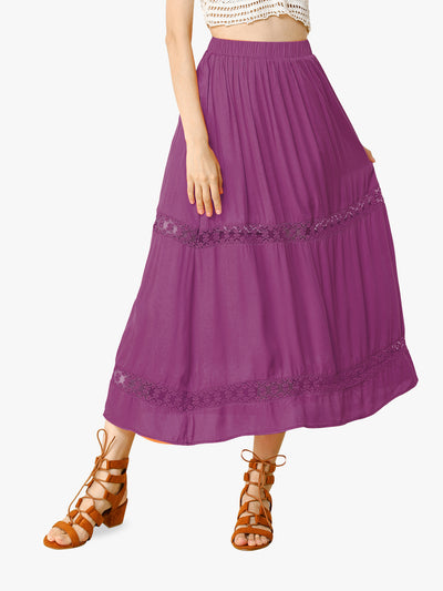 Long Elastic Waist Swing A-Line Lace Insert Maxi Skirt