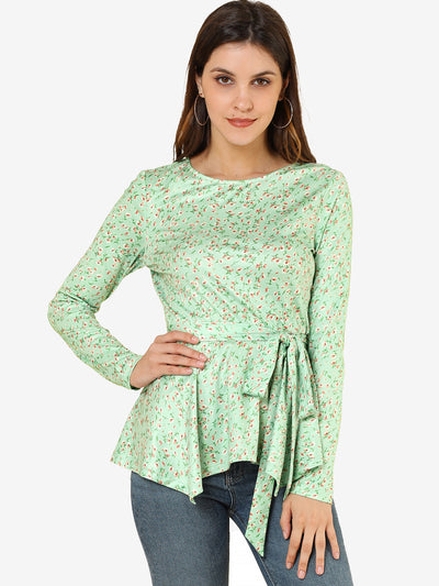 Floral Long Sleeve Asymmetrical Ruffle Hem Belted Flare Peplum Tops