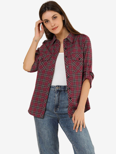 Roll Up Long Sleeve Christmas Button Down Plaid Flannel Shirt Top