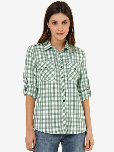 Roll Up Long Sleeve Christmas Button Down Plaid Flannel Shirt Top