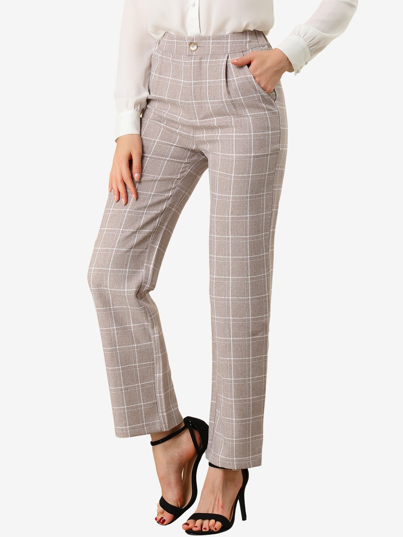 Allegra K Plaid Pants Elastic Waist Casual Work Office Long Trousers